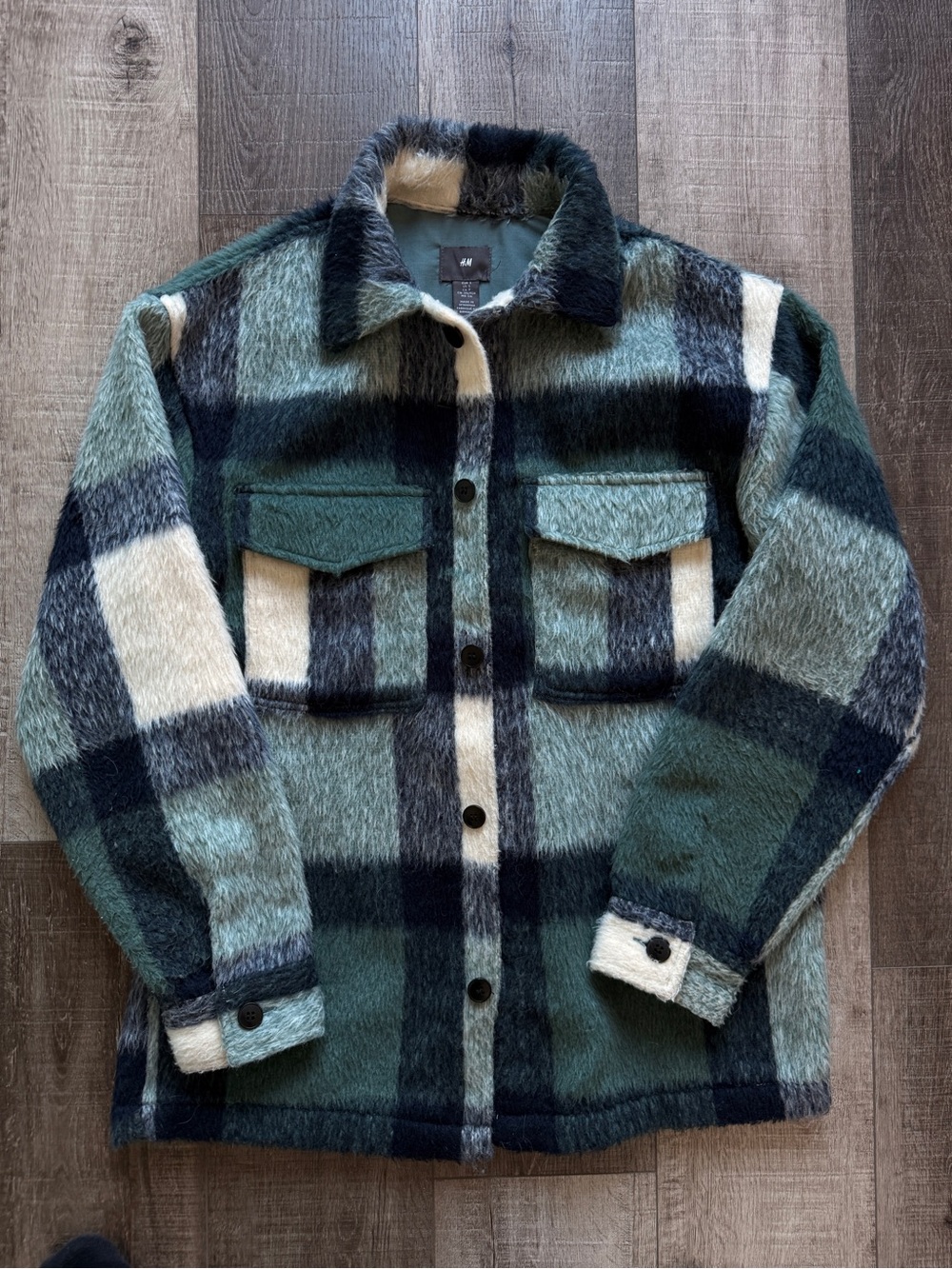 H&M Green Black White Plaid Shaggy Shacket